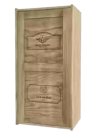 Bottle rack with logos of famous wineries on the door and 3 interior shelves for wine accessories an
