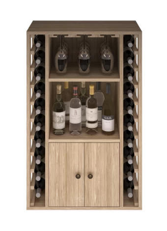 BOTELLERO DE MADERA  CON PUERTAS Y SOPORTE PARA COPAS ER2521 Distribuido por Expovinalia