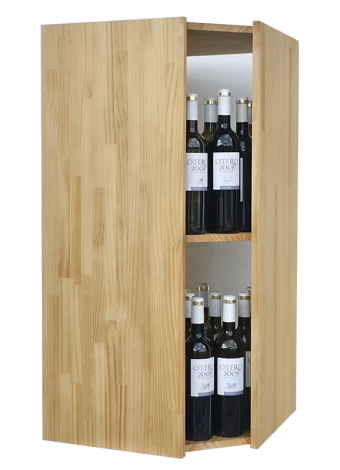 Corner wine rack with interior shelf for 40 bottles that brings aesthetic variety and functionality 