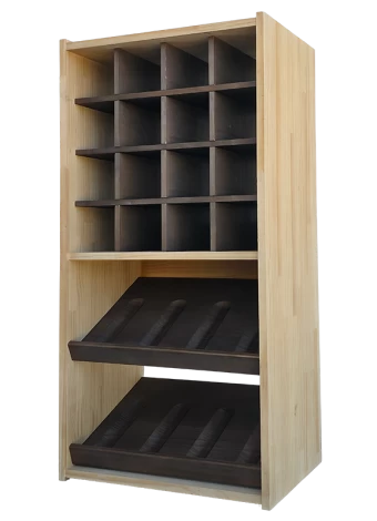 Two-colour bottle rack with 8 display compartments for 8 brands and 16 individual slots for a total