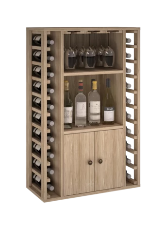 SUPORTE DE GARRAFA DE MADEIRA COM PORTAS E SUPORTE DE VIDRO ER2521- Distribuído pela Expovinalia