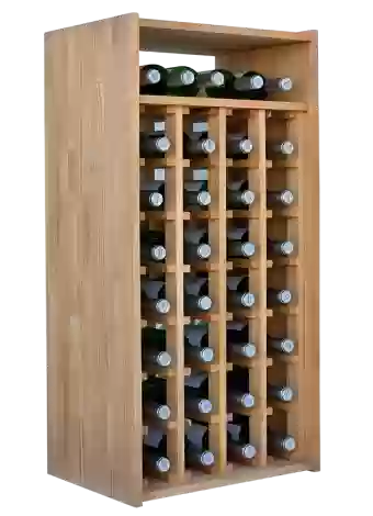 Elegant modular wine rack in pine wood finished in light oak colour, ideal for storing up to 32 bott