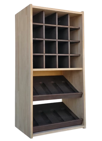 Two-colour bottle rack with 8 display compartments for 8 brands and 16 individual slots for a total